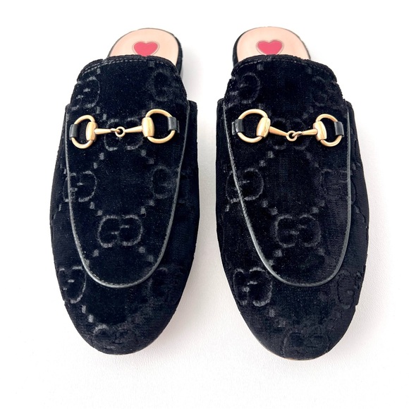 GUCCI | Princetown Black Velvet Monogram GG Logo Horsebit Loafer Slide US 7 - Picture 2 of 11